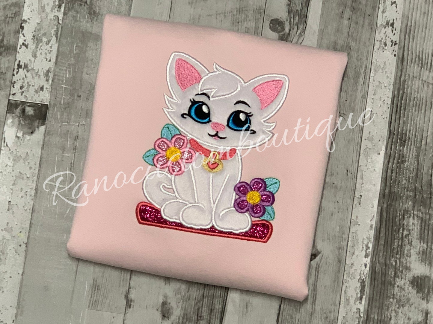 Embroidered Girls Sweatshirt, Cute Cat Embroidered Sweatshirt, Pink Crew Neck Sweatshirt