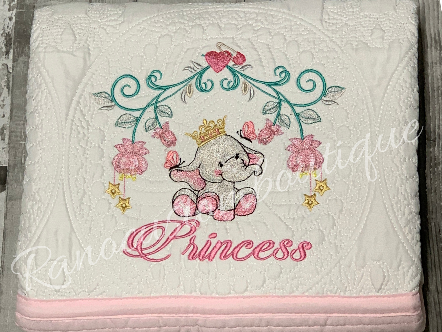Personalised Baby Girl Heirloom Blanket, Baby Girl Elephant Blanket, Quilted Blanket, Custom Embroidered Girls Blanket