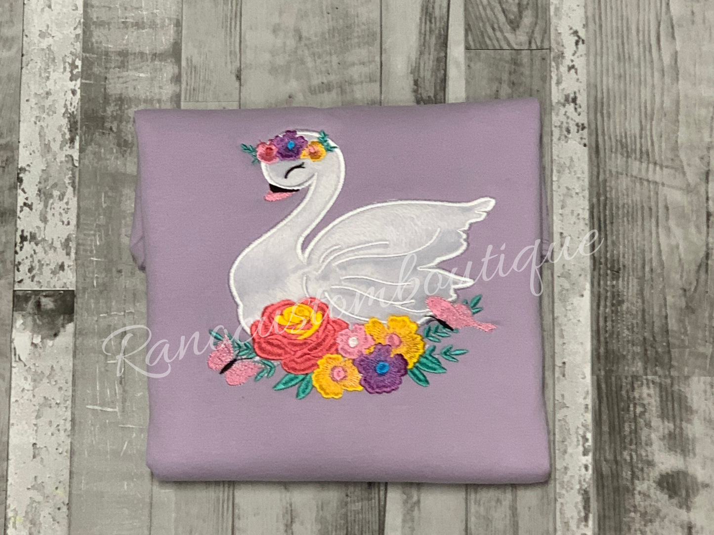 Embroidered Girls Sweatshirt, Cute Swan Embroidered Sweatshirt, Purple Crew Neck Sweatshirt