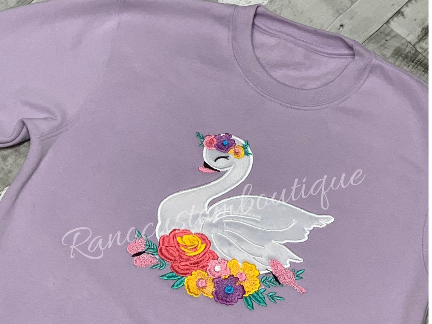 Embroidered Girls Sweatshirt, Cute Swan Embroidered Sweatshirt, Purple Crew Neck Sweatshirt