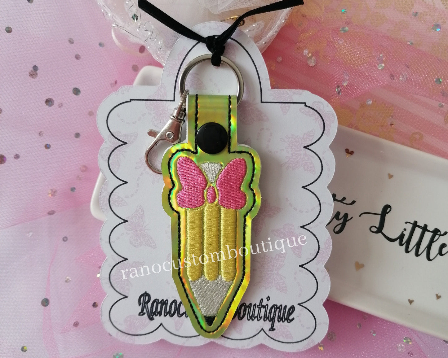 Holographic Pencil Key Fob, Pencil Key-chain, Handmade Key Fob, Embroidered Design, Pencil Design