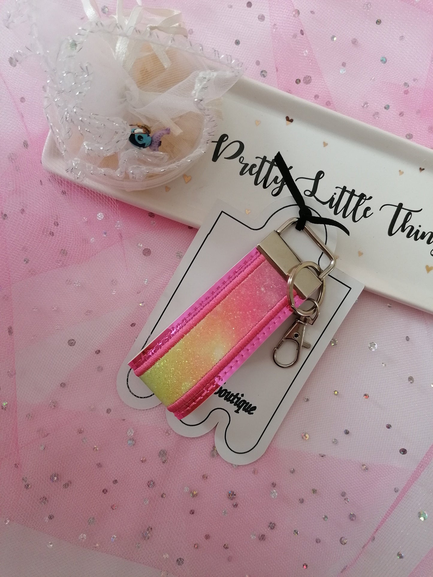Holographic Pink Embroidered, Key Fob Wristlet, Embroidered Key Chain, Embroidered Design, Pink Key Fob