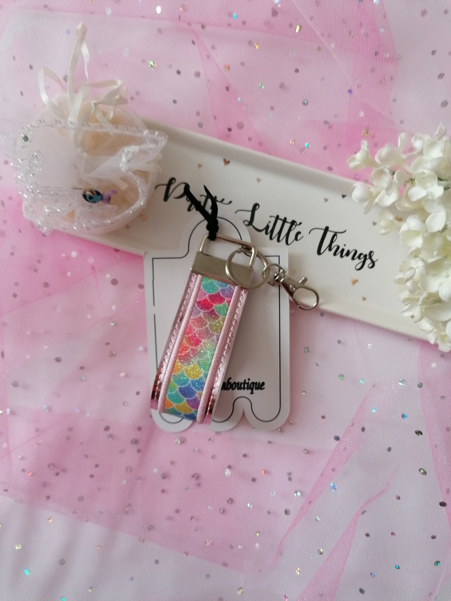 Embroidered Pink Key Fob Wristlet, Holographic Key Fob,Mermaid Design, Embroidered Key Chain, Embroidered Key Fob, Wristlet Key Chain