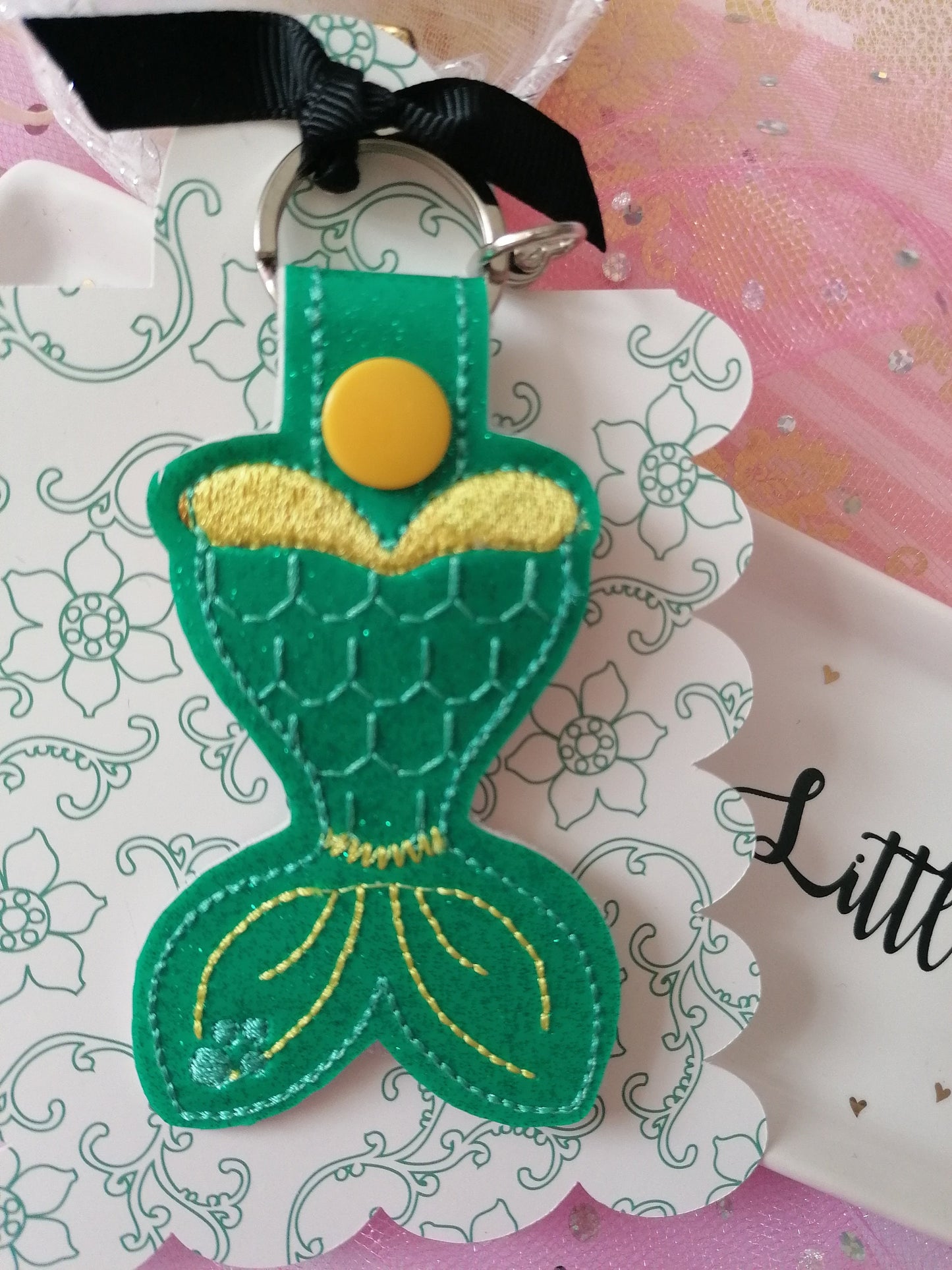 Mermaid Tail Key Fob, Green Mermaid Tail, Mermaid Tail Key-chain, Embroidered Design, Key-chain design