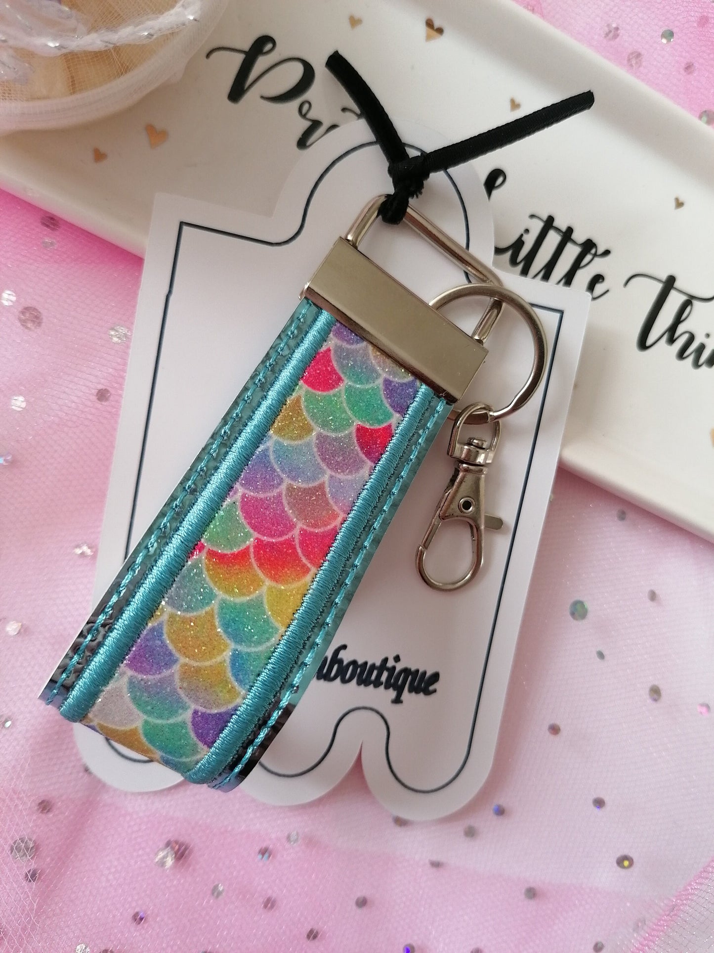 Embroidered Blue Key Fob Wristlet, Holographic Key Fob,Mermaid Design, Embroidered Key Chain, Embroidered Key Fob, Wristlet Key Chain