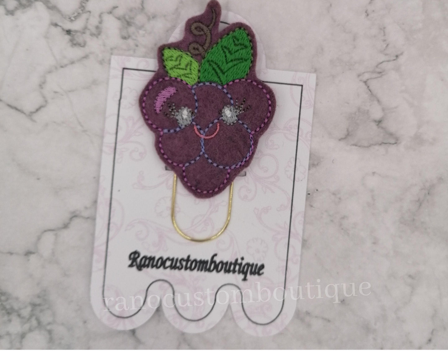 Embroidered Felt Paper Clip, Grape Design, Grape Planner Clip, Planner Clip Design, Stationary Accessory, Embroidered Design