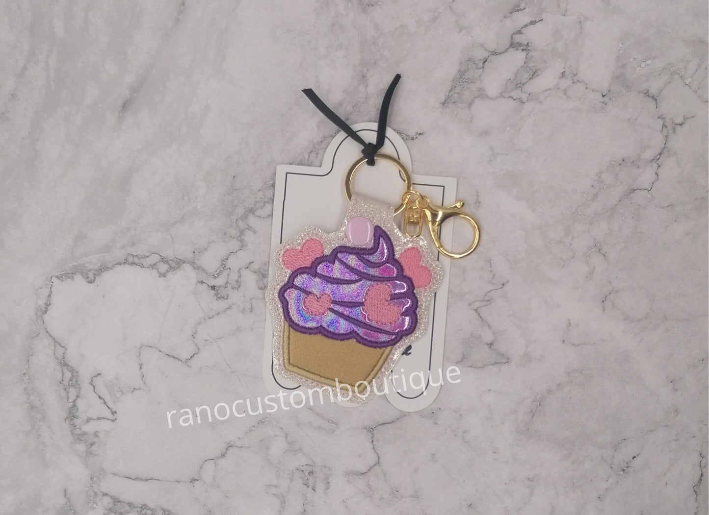 Embroidered, Purple Topping Cupcake Key Fob, Embroidered Cupcake Keychain, Embroidered Design Cupcake, Purple Key Fob