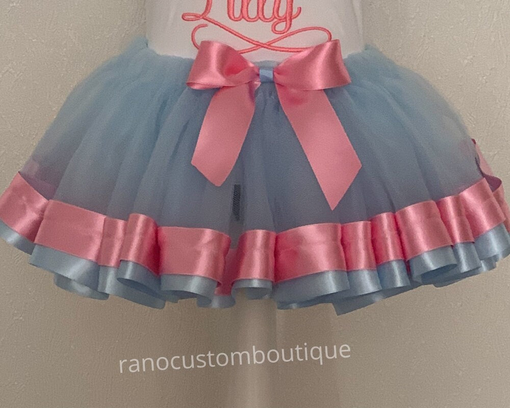 Blue and Pink Tutu, Birthday Girl Blue Tutu, Blue and Pink Ribbon Trimmed Tutu