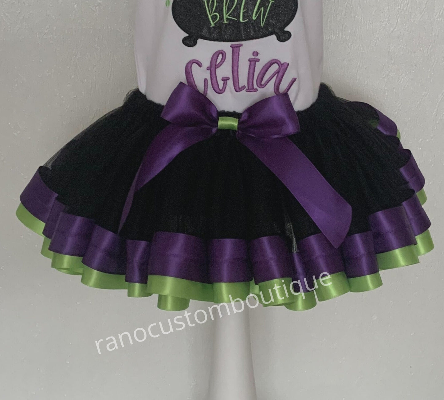 Personalized Halloween Girls Tutu outfit, Embroidered Witch Cauldron T-Shirt Designs, Halloween Ribbon Trim, Black Custom Tutu