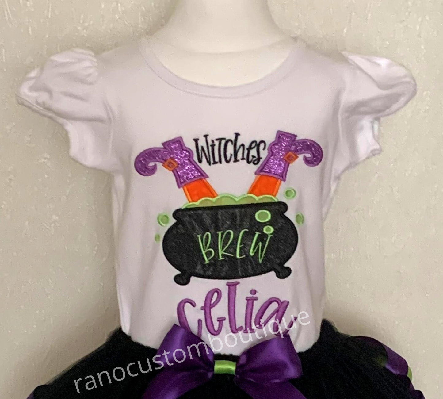 Personalized Halloween Girls Tutu outfit, Embroidered Witch Cauldron T-Shirt Designs, Halloween Ribbon Trim, Black Custom Tutu