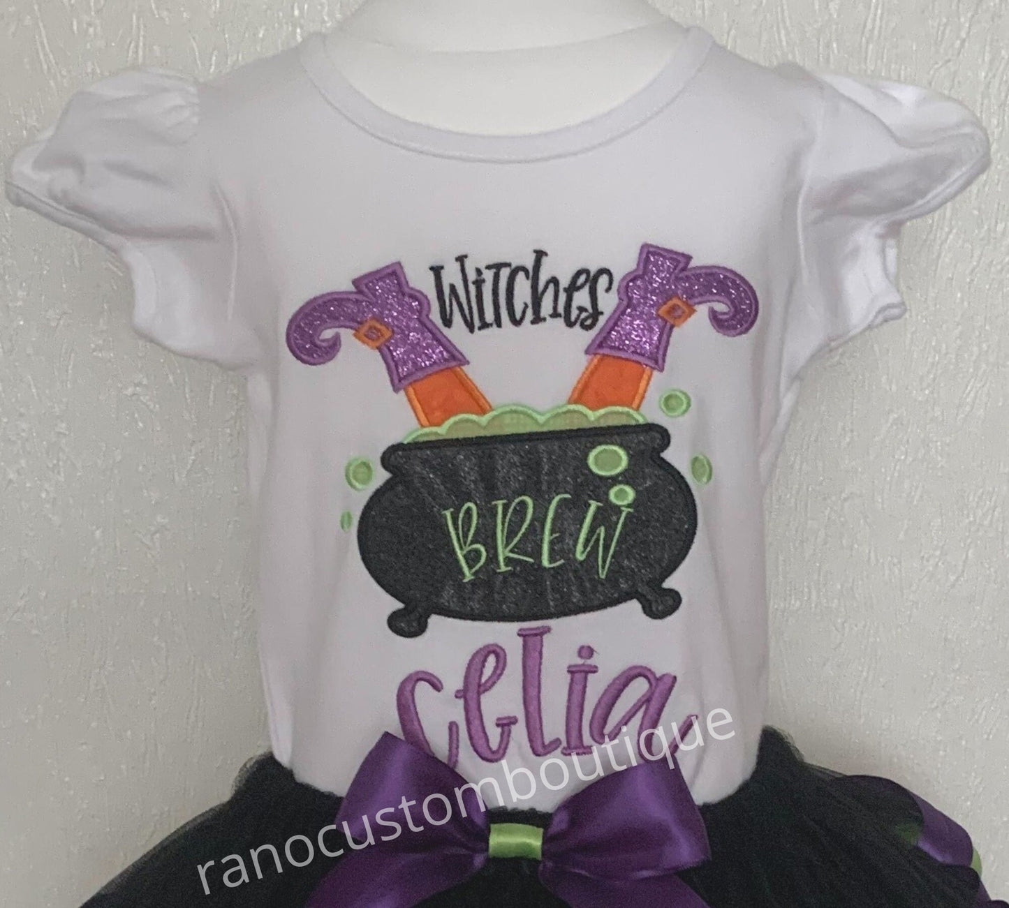 Personalized Halloween Girls Tutu outfit, Embroidered Witch Cauldron T-Shirt Designs, Halloween Ribbon Trim, Black Custom Tutu