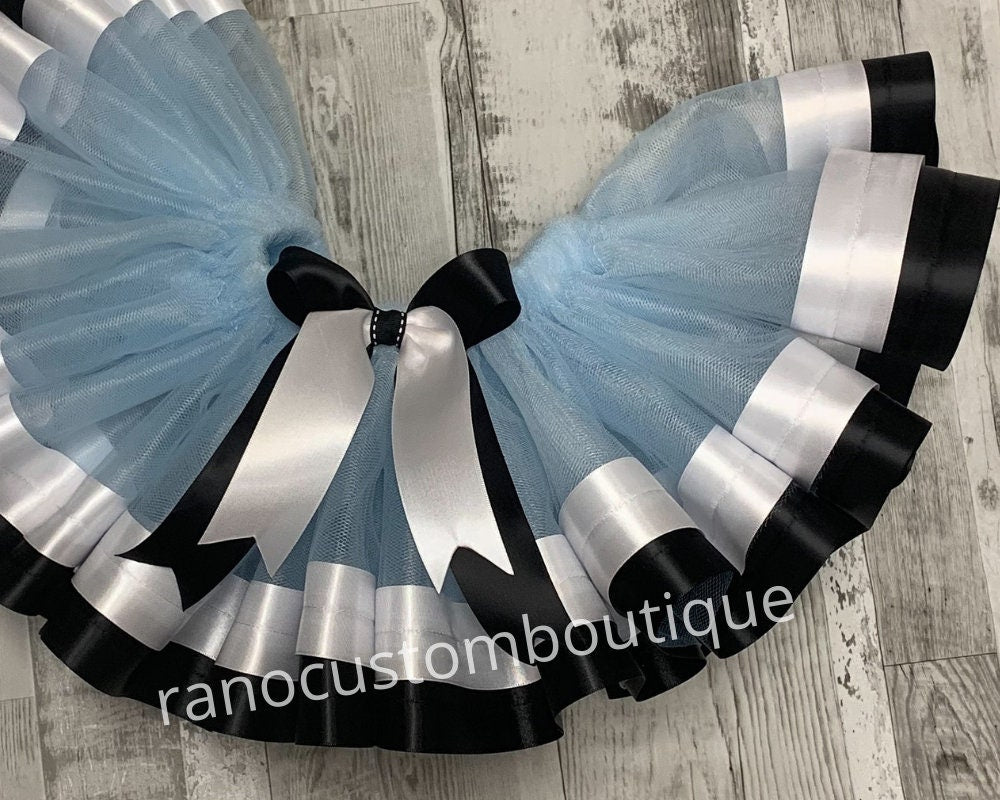 Blue Ribbon Trim Tutu Skirt, Birthday Girl Blue Tutu, Black And White Satin Ribbon Trim Tutu, Birthday Party Ribbon Trim