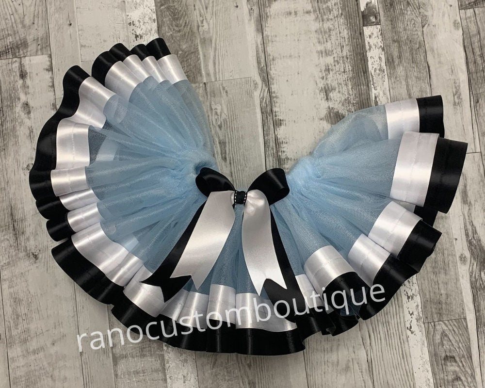 Blue Ribbon Trim Tutu Skirt, Birthday Girl Blue Tutu, Black And White Satin Ribbon Trim Tutu, Birthday Party Ribbon Trim