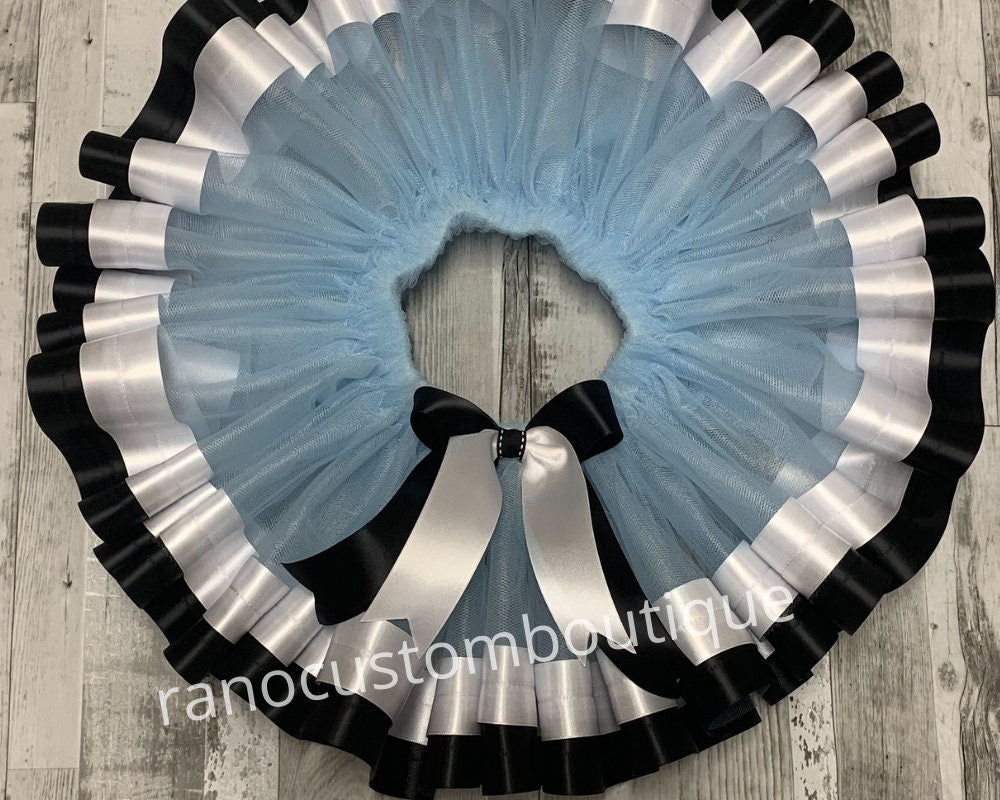 Blue Ribbon Trim Tutu Skirt, Birthday Girl Blue Tutu, Black And White Satin Ribbon Trim Tutu, Birthday Party Ribbon Trim