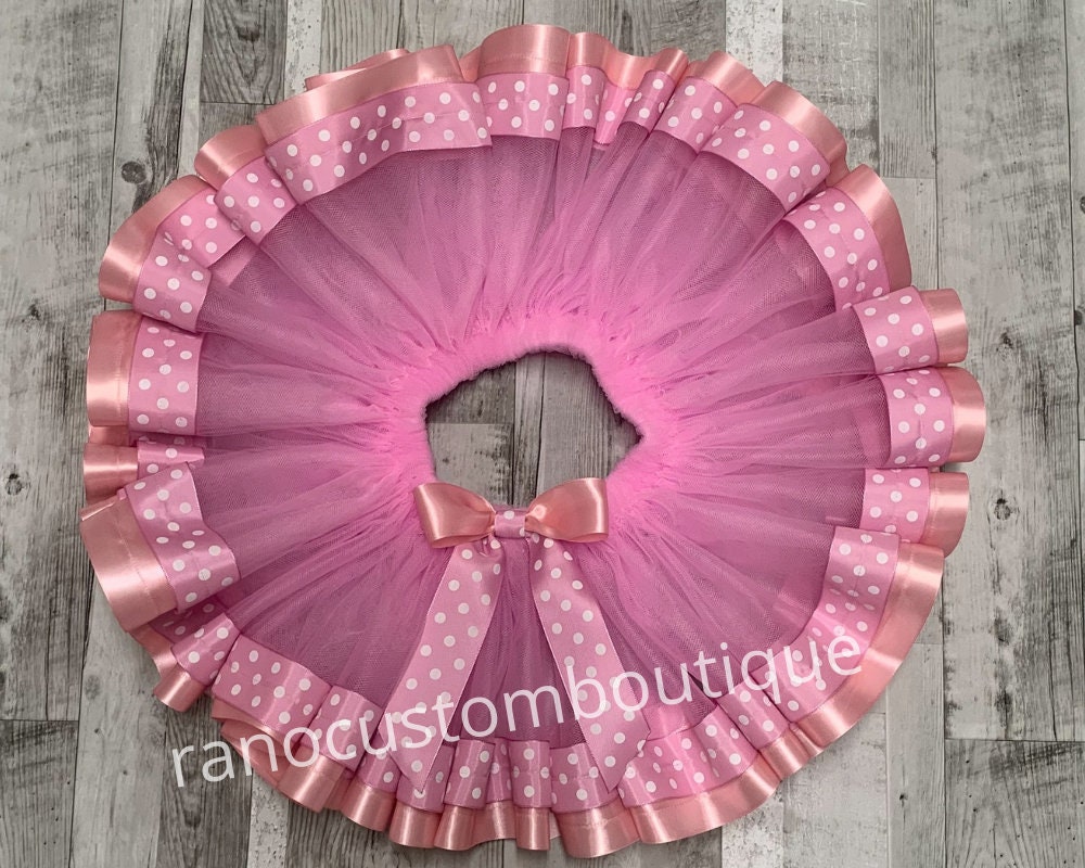 Pink Ribbon Tutu Skirt, Birthday Girl Pink Polkadot Tutu, Pink Satin Ribbon Trim Tutu, Birthday Party Ribbon Trim