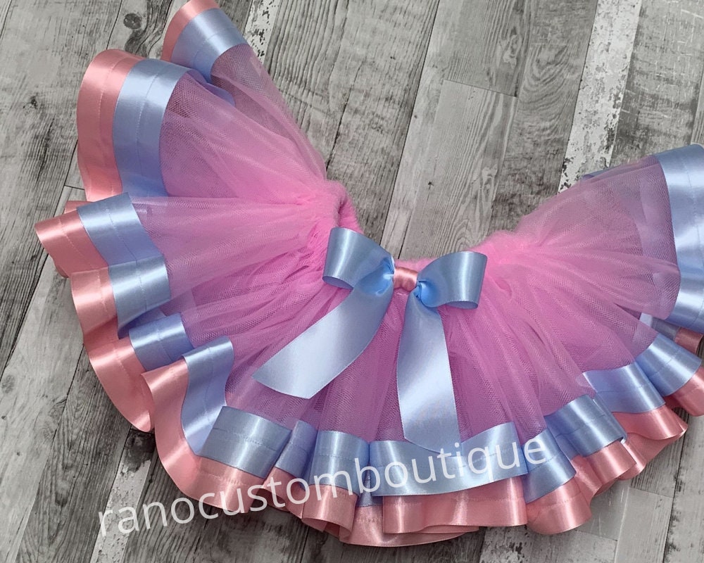 Pink Tutu Skirt, Birthday Girl Pink Tutu, Pink and Blue Satin Ribbon Trim Tutu, Birthday Party Ribbon Trim