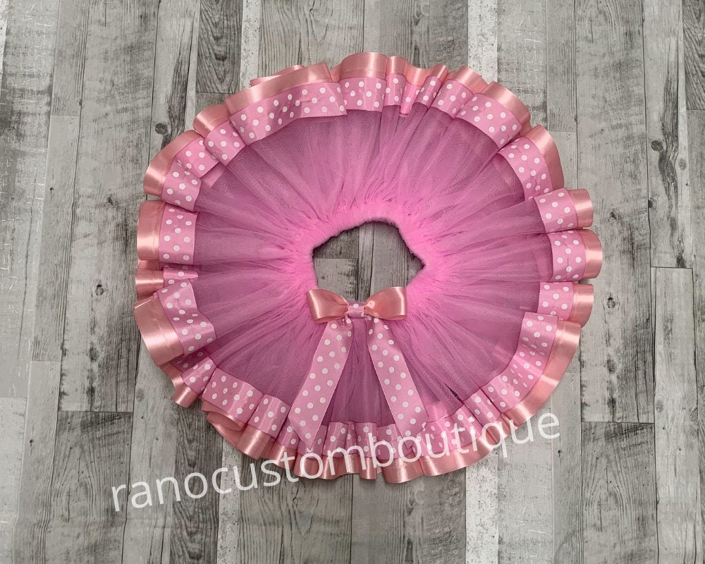 Pink Ribbon Tutu Skirt, Birthday Girl Pink Polkadot Tutu, Pink Satin Ribbon Trim Tutu, Birthday Party Ribbon Trim