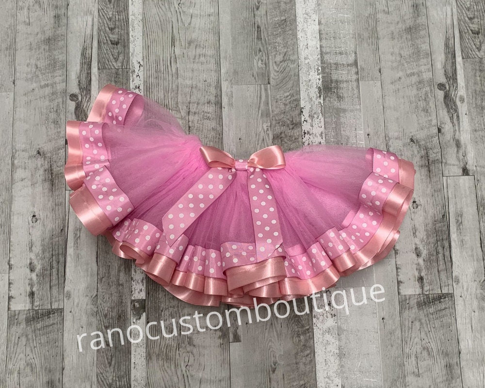 Pink Ribbon Tutu Skirt, Birthday Girl Pink Polkadot Tutu, Pink Satin Ribbon Trim Tutu, Birthday Party Ribbon Trim