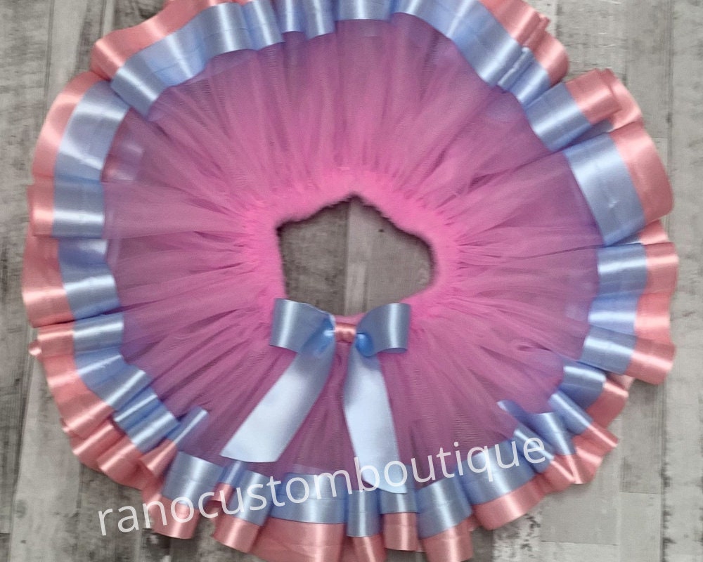 Pink Tutu Skirt, Birthday Girl Pink Tutu, Pink and Blue Satin Ribbon Trim Tutu, Birthday Party Ribbon Trim