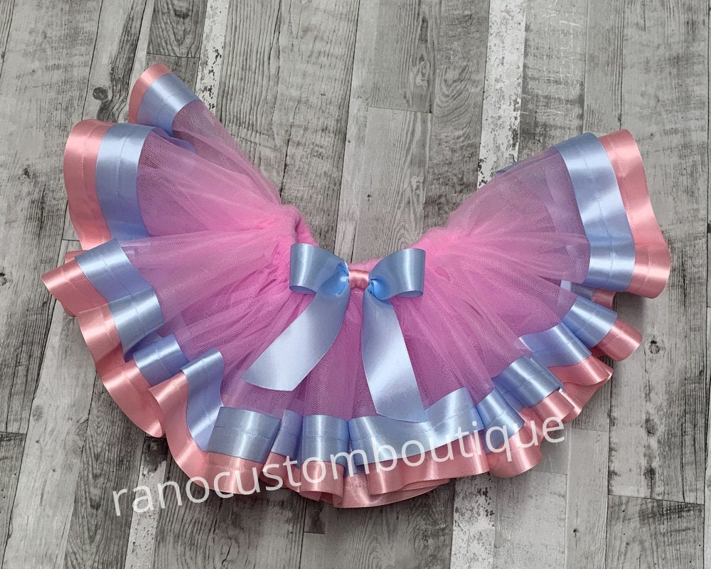 Pink Tutu Skirt, Birthday Girl Pink Tutu, Pink and Blue Satin Ribbon Trim Tutu, Birthday Party Ribbon Trim