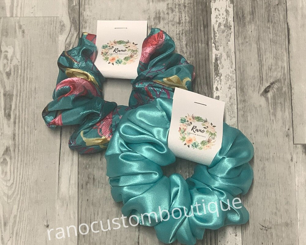 Aqua Satin Chunky Scrunchie, XL Floral Satin Scrunchie, Hair Accessory,Hair Tie, Bridesmaid,Birthday Gift For Her