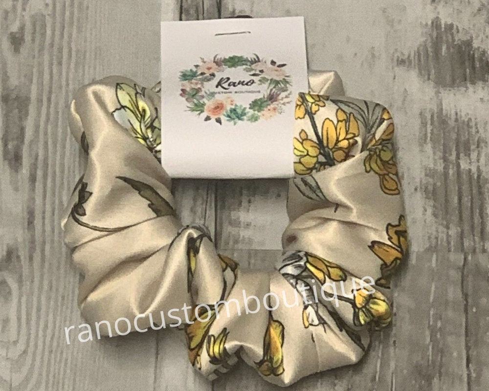 Beige Floral Satin Scrunchie, Black Satin Scrunchie, Hair Accessory,Hair Tie, Bridesmaid,Birthday Gift For Her