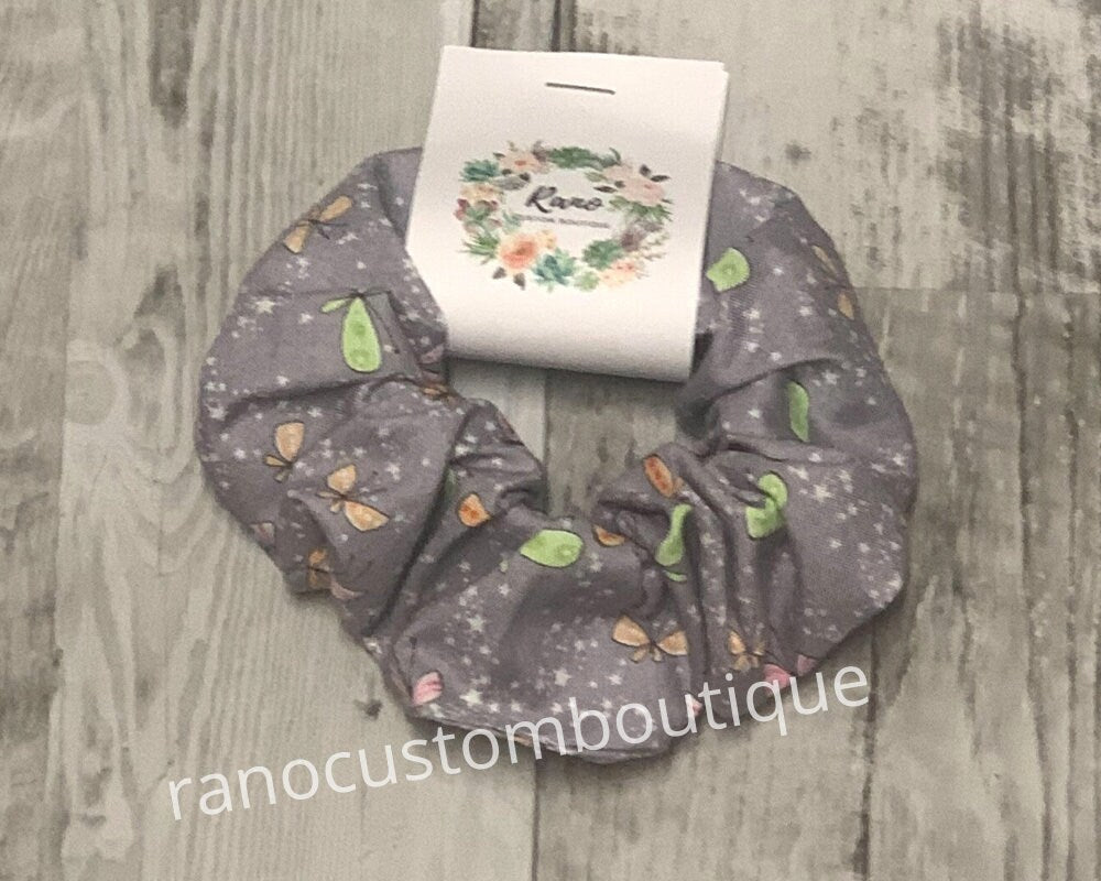 Girls Satin Scrunchie, Pink Scrunchie, Grey butterfly Scrunchie, Hair Accessory,Hair Tie, Birthday Gift For Girls