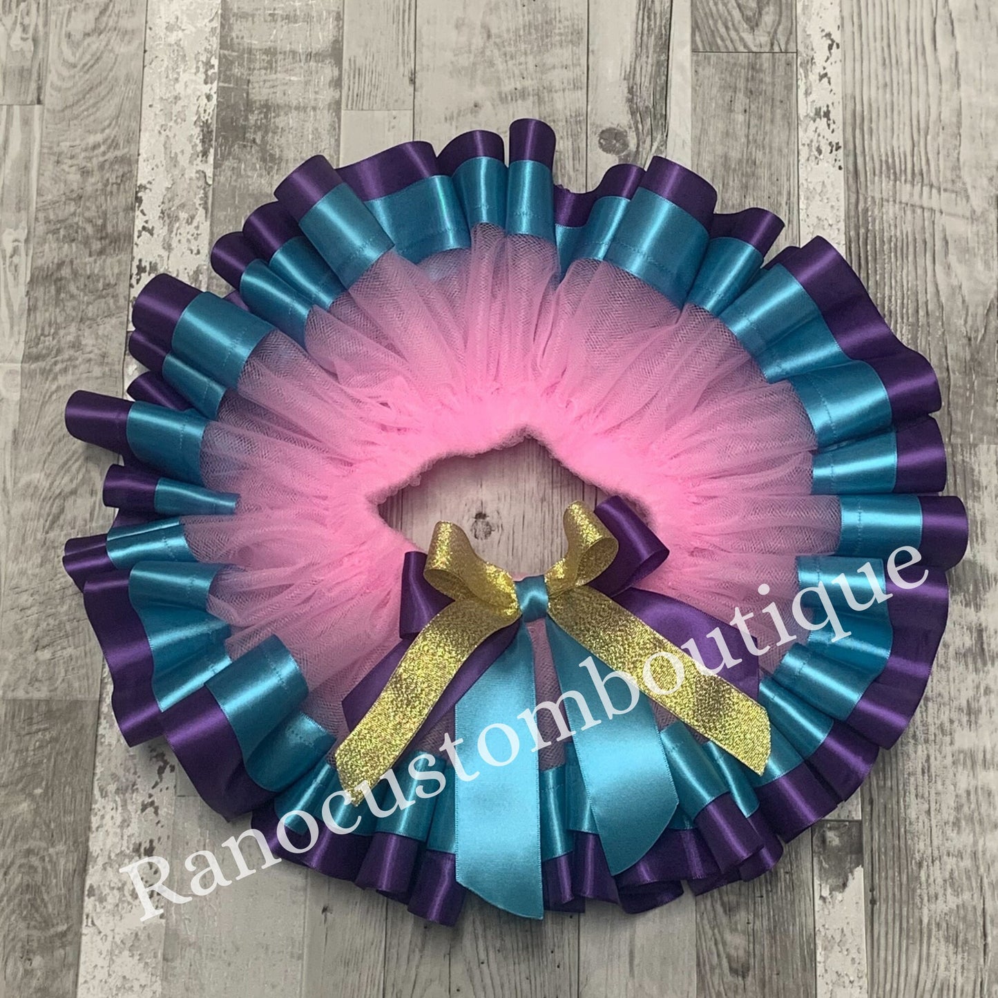 Pink Ribbon Trim Tutu, Birthday Girl Pink Tutu, Pink and Aqua Blue Satin Ribbon Trim Tutu, Birthday Party Ribbon Trim