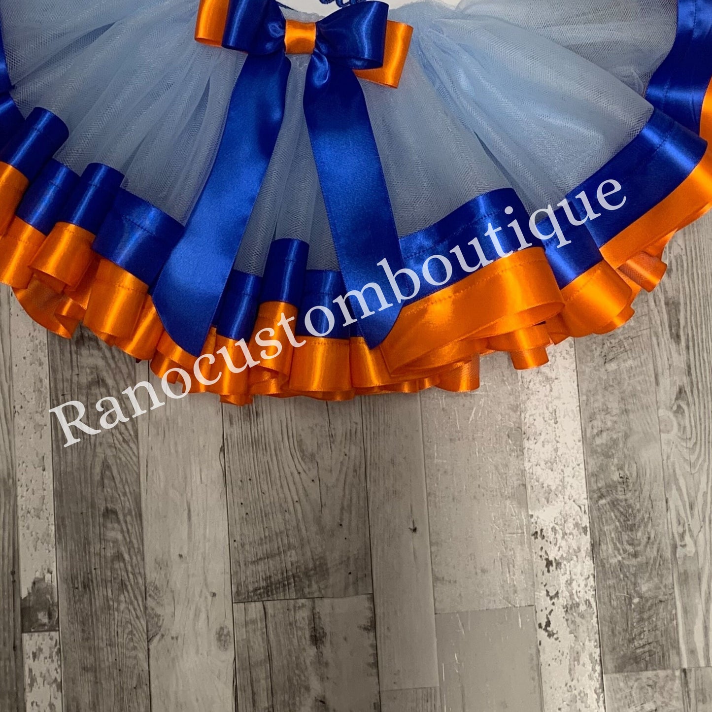 Blue Ribbon Trim Tutu, Birthday Girl Blue Tutu, Blue, Orange Satin Ribbon Trim Tutu, Birthday Party Ribbon Trim