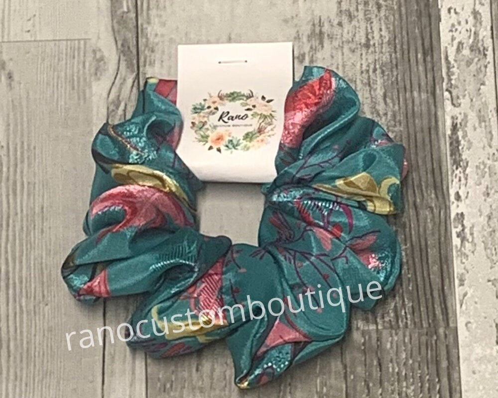 Aqua Satin Chunky Scrunchie, XL Floral Satin Scrunchie, Hair Accessory,Hair Tie, Bridesmaid,Birthday Gift For Her