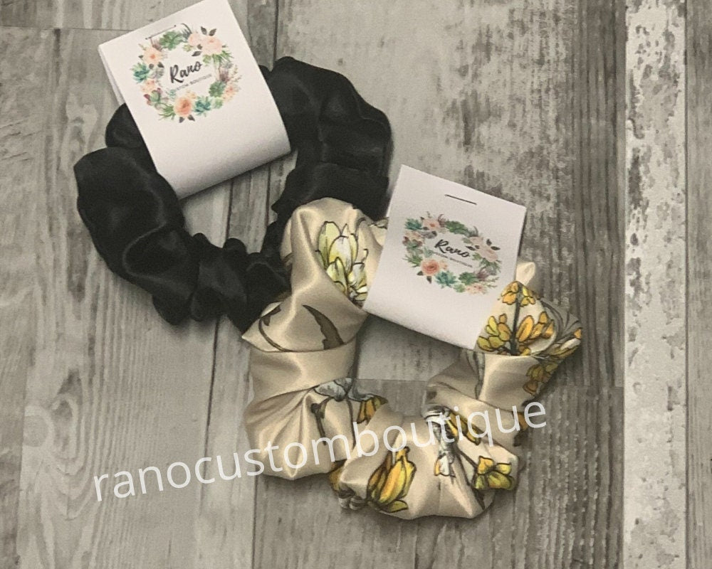 Beige Floral Satin Scrunchie, Black Satin Scrunchie, Hair Accessory,Hair Tie, Bridesmaid,Birthday Gift For Her