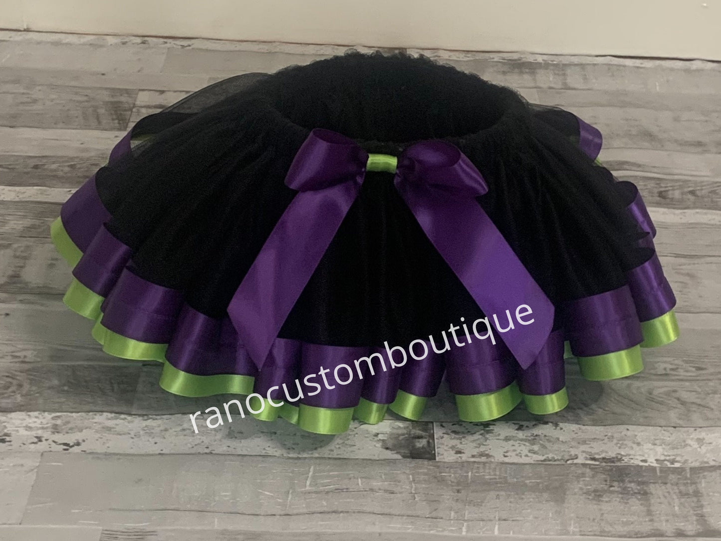Black Tutu Skirt, Birthday Party Girl Tutu Skirt, Purple and Green Satin Ribbon Trim Tutu, Black Halloween Tutu Skirt