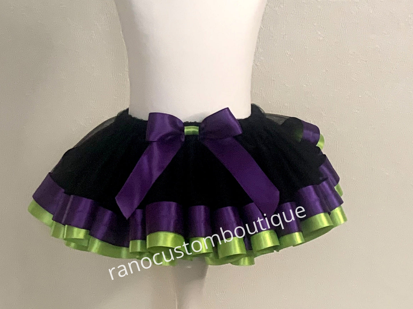 Black Tutu Skirt, Birthday Party Girl Tutu Skirt, Purple and Green Satin Ribbon Trim Tutu, Black Halloween Tutu Skirt