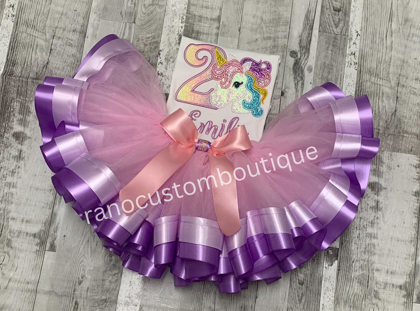 Personalised Pastel Rainbow Unicorn Birthday Tutu outfit, Embroidered Pastel Unicorn Lavender T-shirt, Custom Glitter Unicorn Tutu