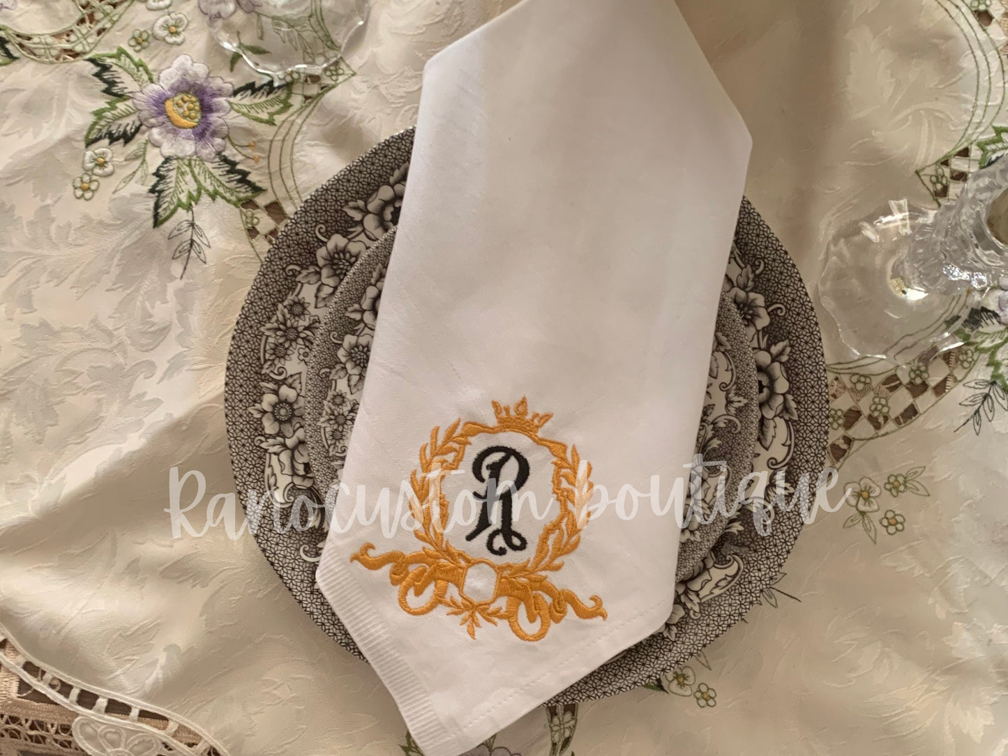 Elegant Bespoke Embroidered Napkin, Custom Cotton Embroidered Napkin, Personalised Luxury Napkin