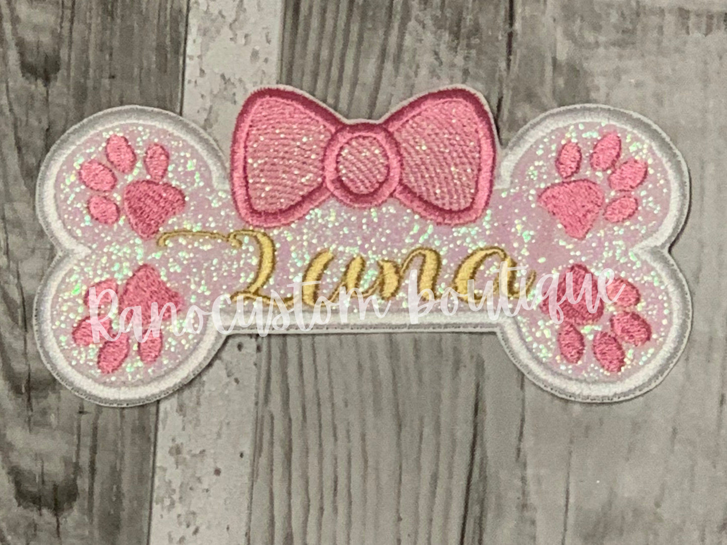 Embroidered Dog Bone White Patch, Personalised Pet Name Patch , Iron on Pet Bow Patch, Dog Accessories, Custom Dog Name Patch