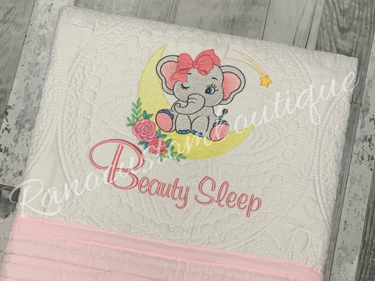 Personalised Baby Girl Elephant Heirloom Blanket, Heirloom Quilted Blanket, Custom Embroidered Girls Blanket, Baby Shower Gift