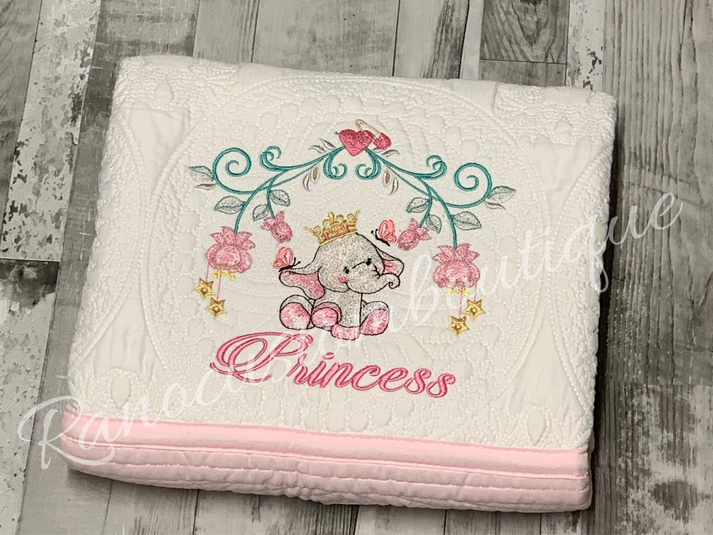 Personalised Baby Girl Heirloom Blanket, Baby Girl Elephant Blanket, Quilted Blanket, Custom Embroidered Girls Blanket