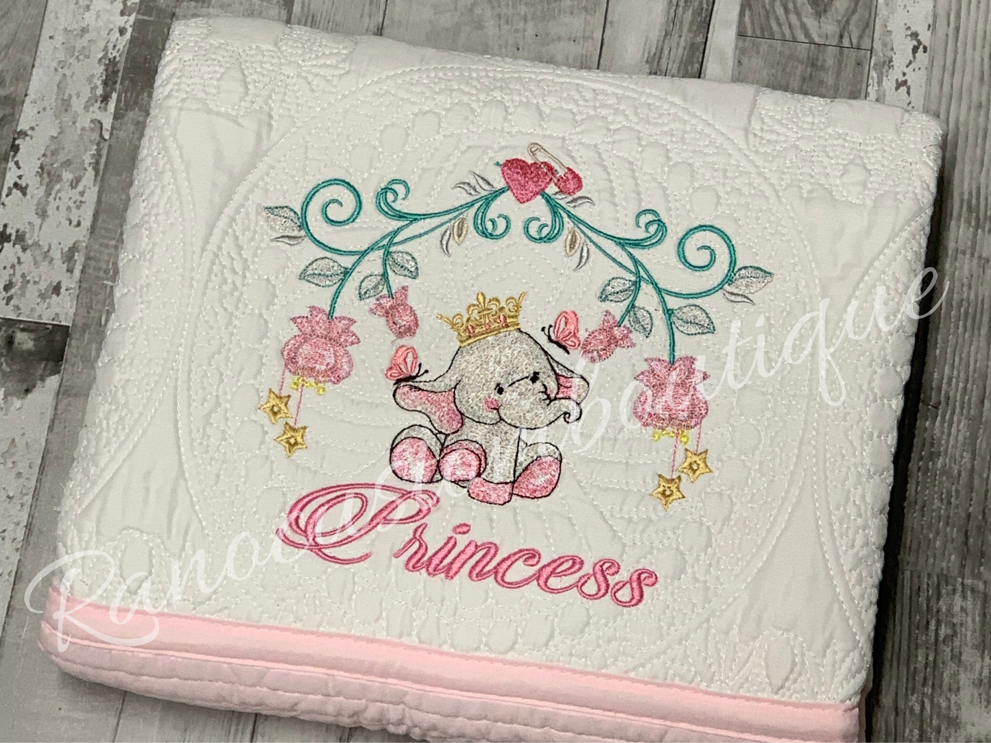 Personalised Baby Girl Heirloom Blanket, Baby Girl Elephant Blanket, Quilted Blanket, Custom Embroidered Girls Blanket