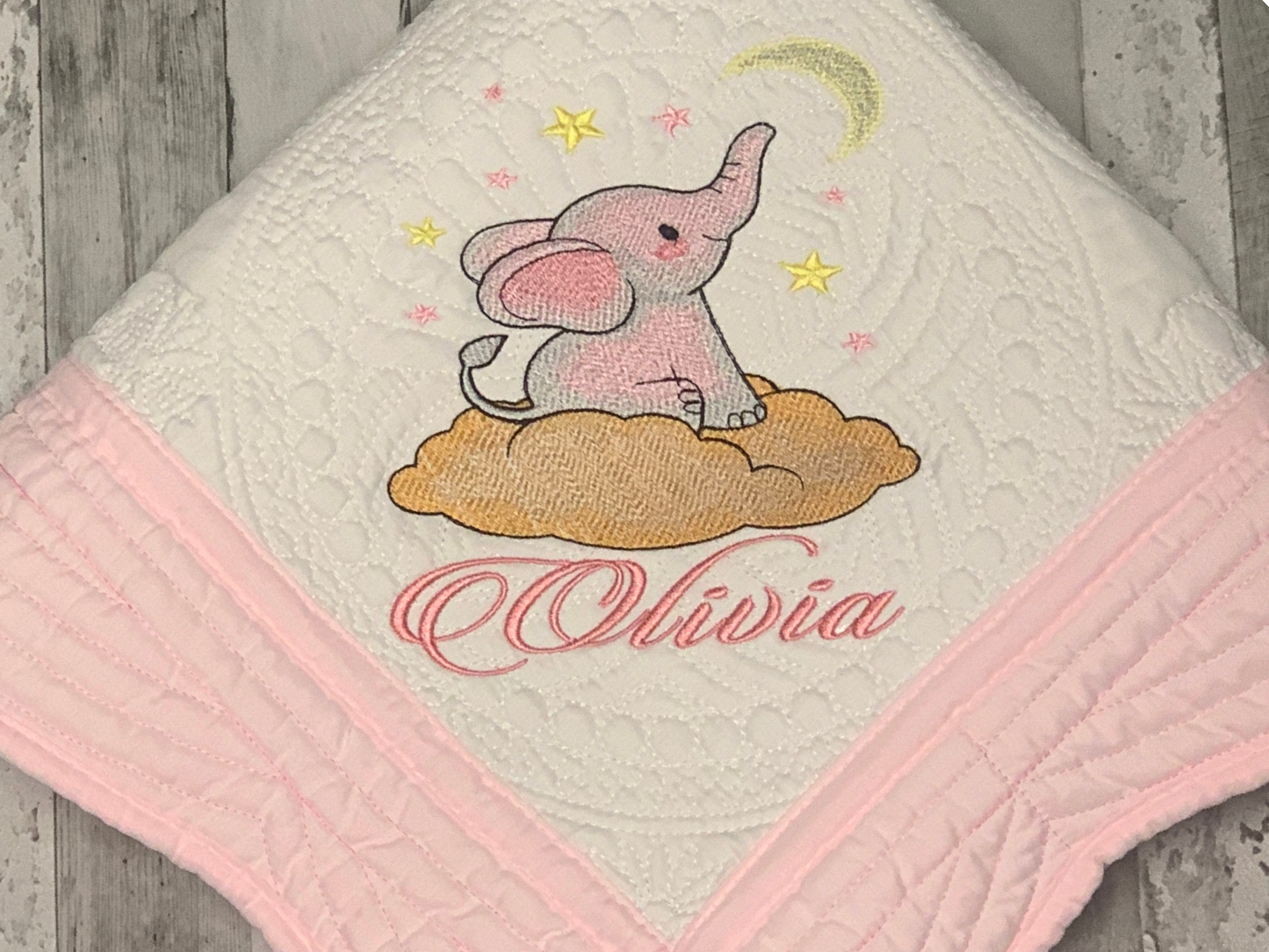 Personalised Baby Girl Elephant Heirloom Blanket, Baby Blanket, Custom Embroidered Girl's Blanket, Baby Shower Gift