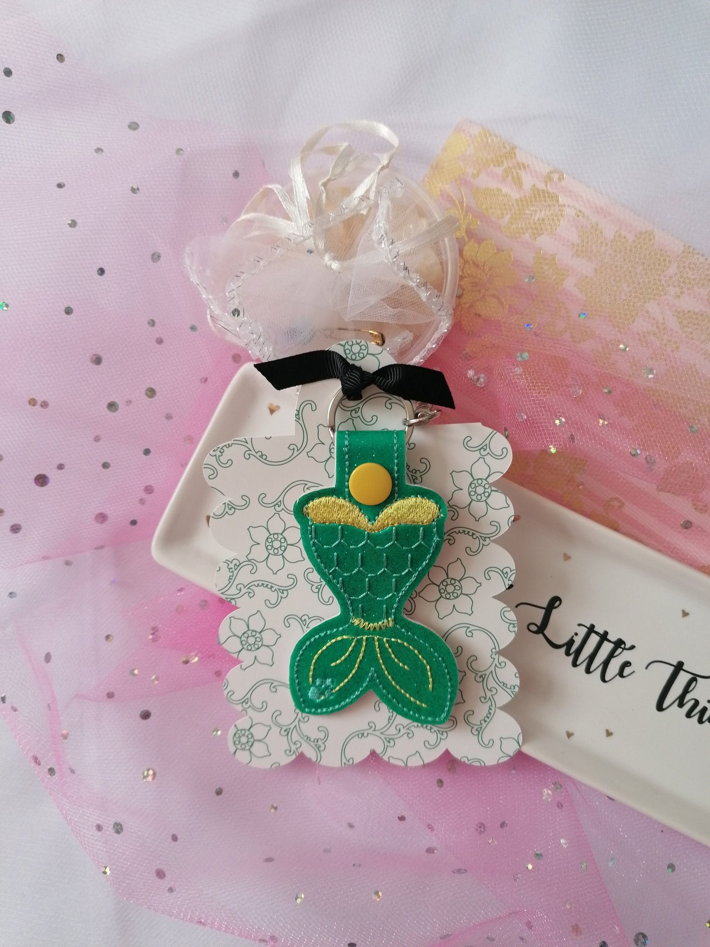 Mermaid Tail Key Fob, Green Mermaid Tail, Mermaid Tail Key-chain, Embroidered Design, Key-chain design