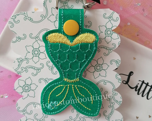 Mermaid Tail Key Fob, Green Mermaid Tail, Mermaid Tail Key-chain, Embroidered Design, Key-chain design