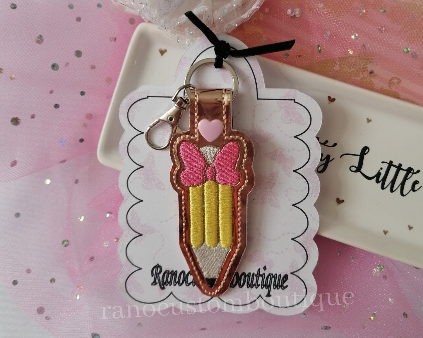 Holographic Pink Pencil Key Fob, Pencil Key-chain, Handmade Key Fob, Embroidered Design, Pencil Design