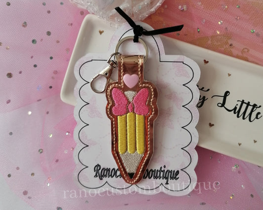 Holographic Pink Pencil Key Fob, Pencil Key-chain, Handmade Key Fob, Embroidered Design, Pencil Design