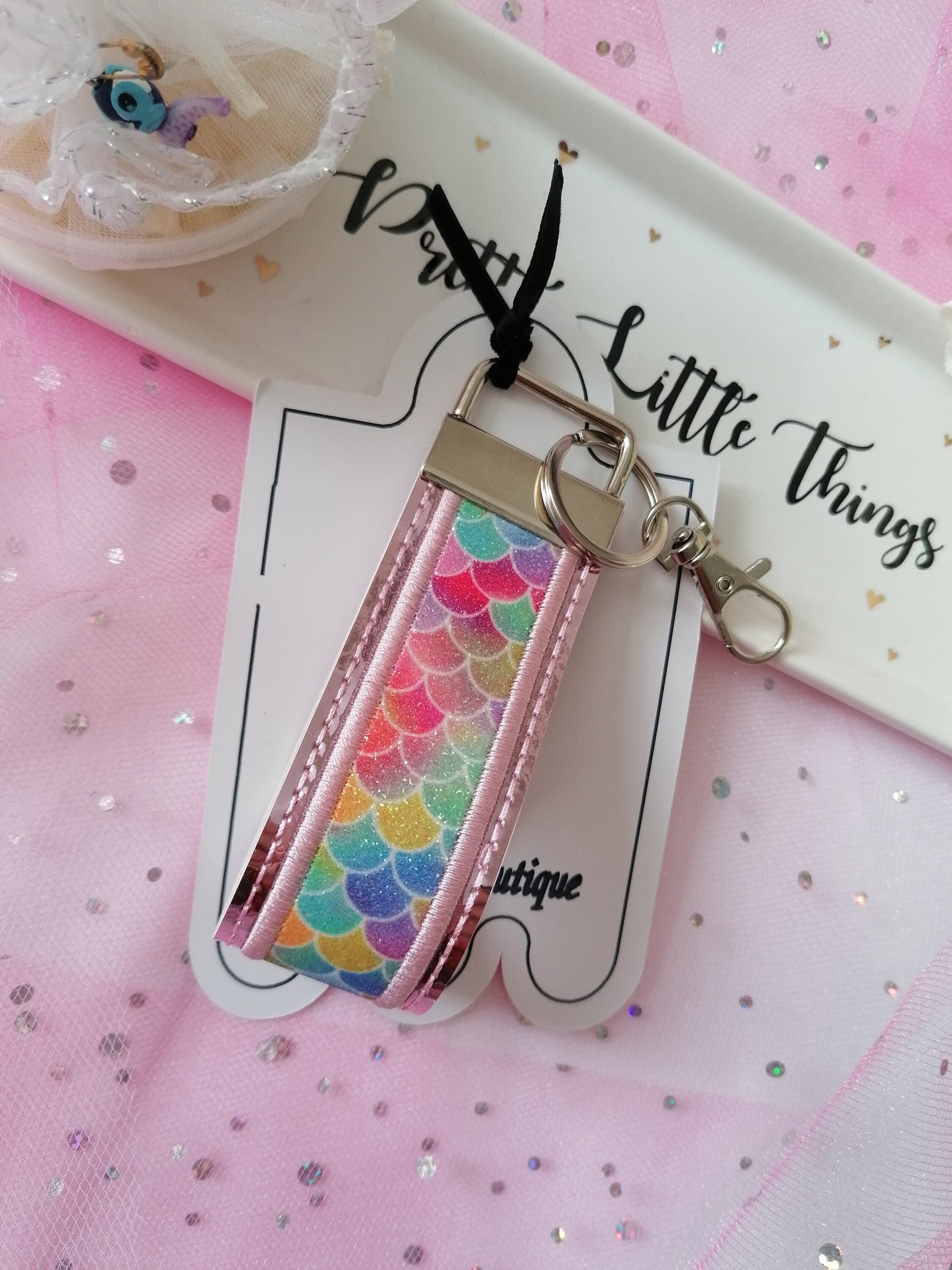 Embroidered Pink Key Fob Wristlet, Holographic Key Fob,Mermaid Design, Embroidered Key Chain, Embroidered Key Fob, Wristlet Key Chain