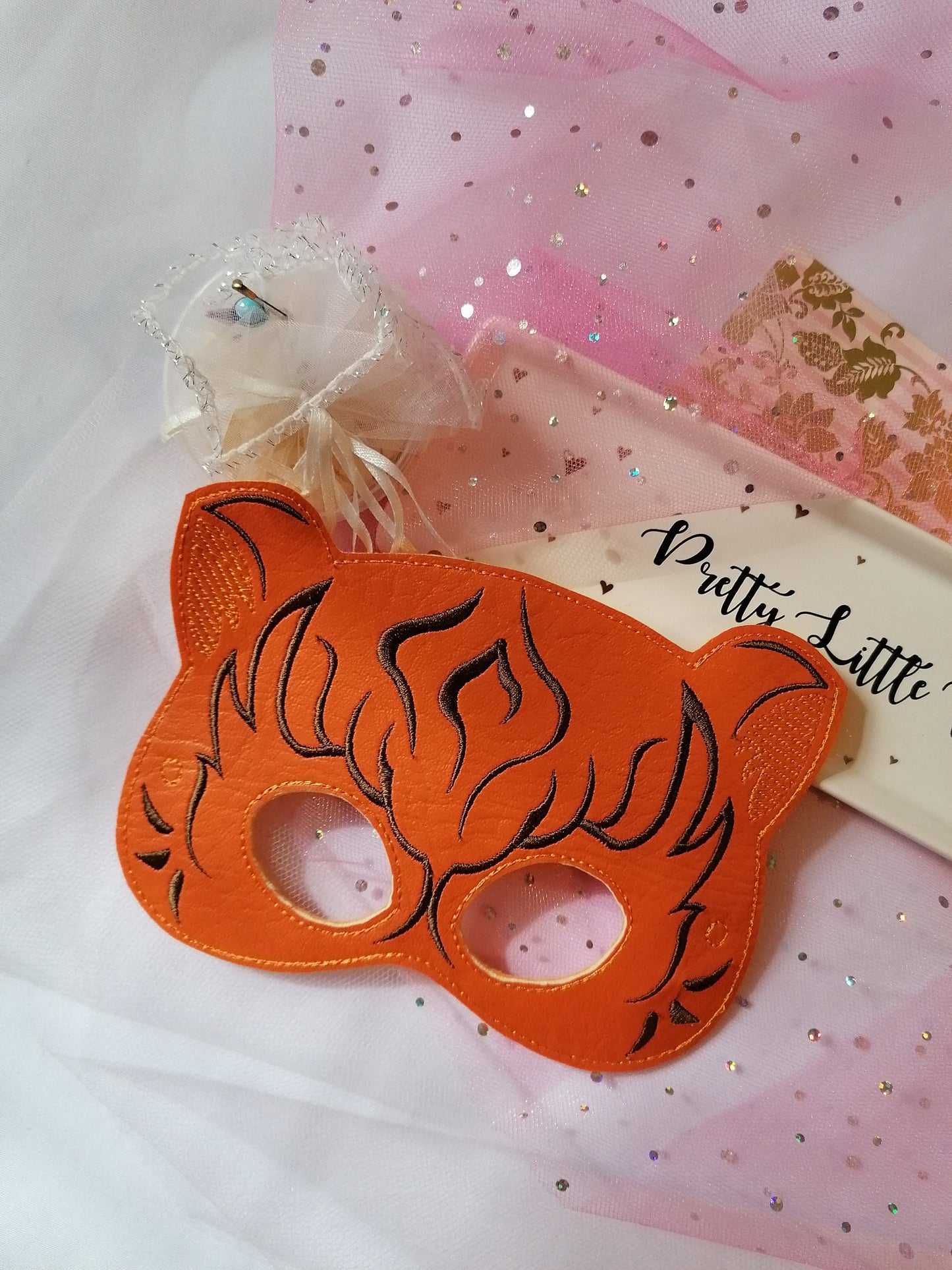Tiger mask,Kids Mask, Embroidery orange vinyl backed with acrylic felt. birthday Mask, Party dress-up Mask, Fun play costume for kids.