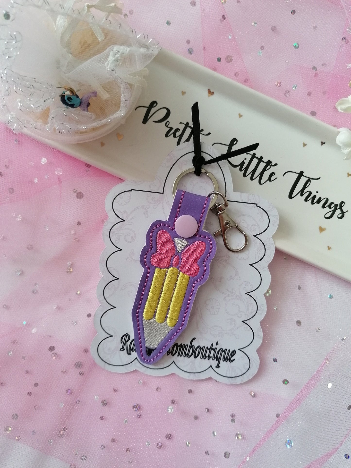 Purple Glittery Pencil Key Fob, Pencil Key-chain, Handmade Key Fob, Embroidered Design, Pencil Design