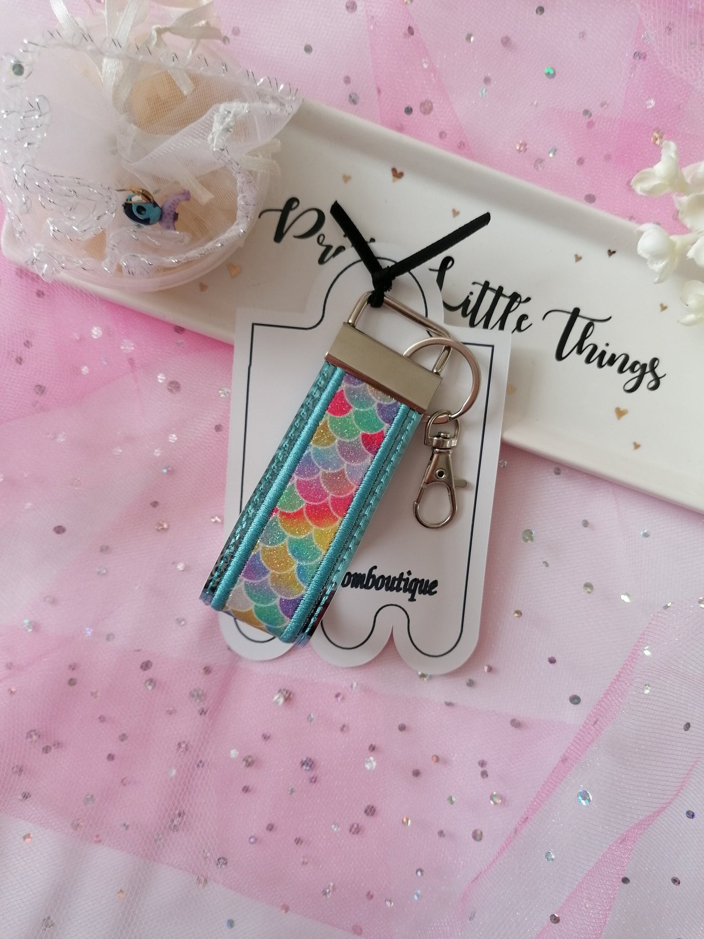 Embroidered Blue Key Fob Wristlet, Holographic Key Fob,Mermaid Design, Embroidered Key Chain, Embroidered Key Fob, Wristlet Key Chain