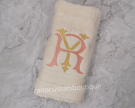 Custom Towel, Monogram Ivory Towel, Embroidered Monogram Towel, Personalized Towel, Interlocking Double Letter Monogram