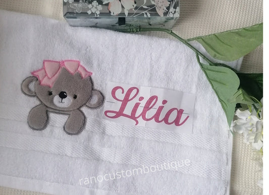Personalised Embroidered  Baby Towel, Teddy Bear Design, Teddy Bear Towel, Custom Name Towel